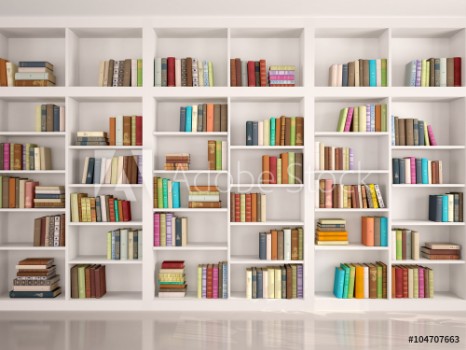Picture of 3d illustration of White bookshelves with various colorful books